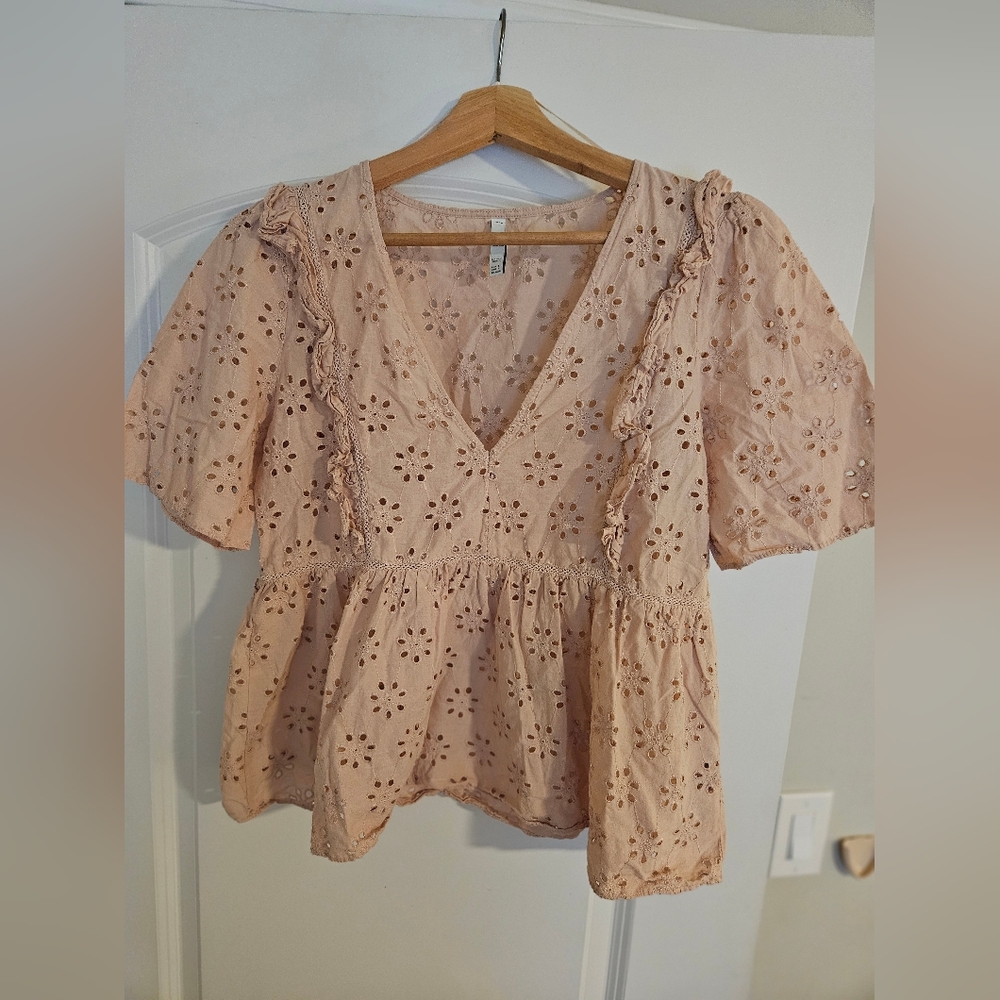 Blush Pink Eyelet Peplum Blouse with Ruffle Details